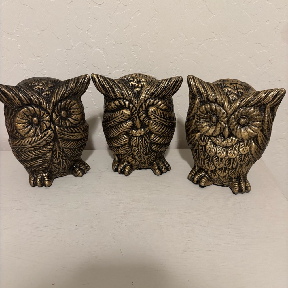 Set of Three Gold Owl Figurines